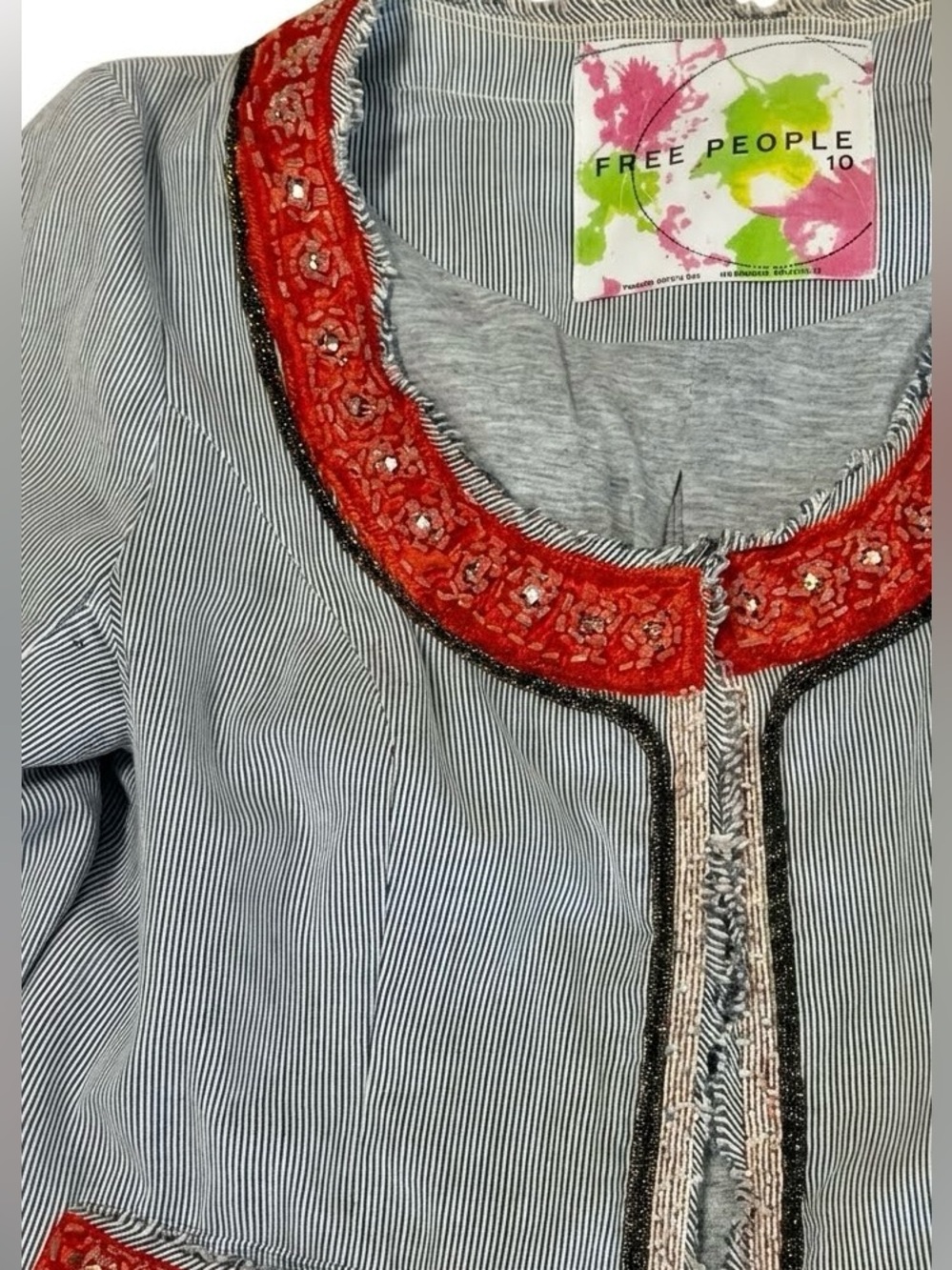 Free People My Fair Lady Cropped Pinstripe Jacket - Beaded Boho Blazer Sz 10 - Picture 4 of 9